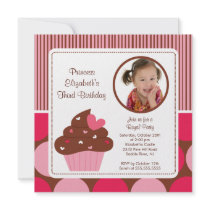 Cupcake Photo Birthday Invitation Pink Polka Dots
