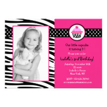 Cupcake Zebra Print Photo Birthday Invitations