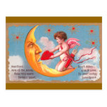 Cupid Feeds Heart to Moon Valentine Post Cards