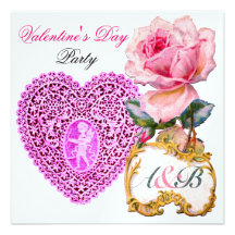 CUPID LACE HEART AND PINK ROSE VALENTINE MONOGRAM INVITATIONS