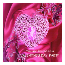 CUPID LACE HEART ON PINK FUCHSIA SILK CLOTH PERSONALISED INVITES