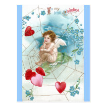 Cupid Snaring Hearts in Web Valentine Postcards
