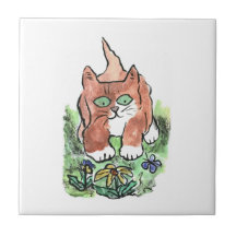 Curious Kitten and Two Blue Butterflies Tile