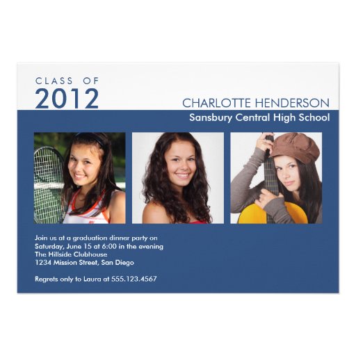 Custom 3 photo blue graduation class of invitation