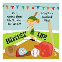 Custom Brown Hair Girls Baseball Birthday Invite