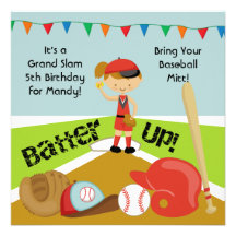 Custom Brown Hair Girls Softball Birthday Invites