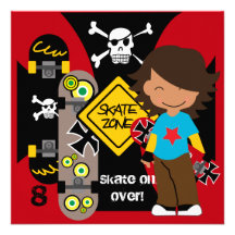 Custom Brunette Skateboarding Birthday Invitation