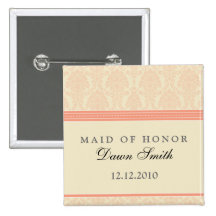 :custom: Coral/Cream Damask Bridal Badge Button