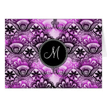 Custom Monogram Purple Lace Damask Pattern Cards