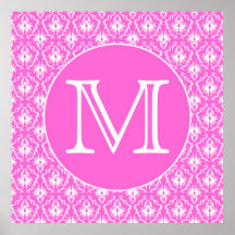 Custom Monogram. White and Pink Damask Pattern. Posters