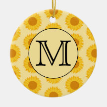 Custom Monogram, with Yellow Sunflowers. Christmas Ornaments