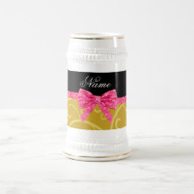 Custom name gold swirls pink glitter bow coffee mugs