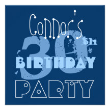 Custom Name Modern 30th Birthday Blue Template Personalised Invites