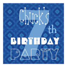 Custom Name Modern Kid's 7th Birthday Blue Stars 3 Invite