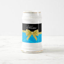 Custom name sky blue swirls gold glitter bow mugs