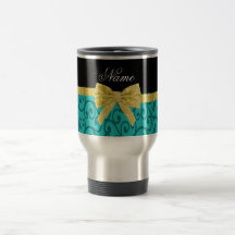 Custom name turquoise swirls gold bow coffee mug