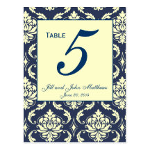 Custom Navy Damask Wedding Table Number 2 Post Card