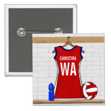 Custom Netball Uniform Red with Blue and White Button