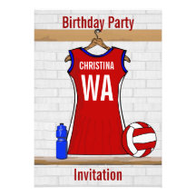 Custom Netball Uniform Red with Blue and White Custom Invite