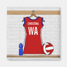 Custom Netball Uniform Red with Blue and White Fridge Magnet