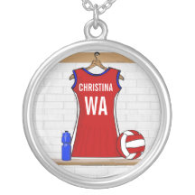 Custom Netball Uniform Red with Blue and White Custom Jewelry