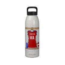 Custom Netball Uniform Red with Blue and White Drinking Bottle