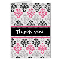 Custom pink black gray damask thank you card