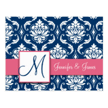 Custom RSVP Pink Navy Damask Wedding Postcard