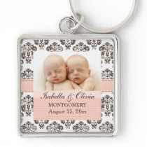Custom Twins Damask Photo Keychain Pink and Brown