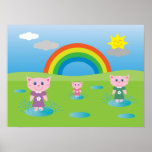Cut Cartoon Cats Jumping In Puddles Poster posters