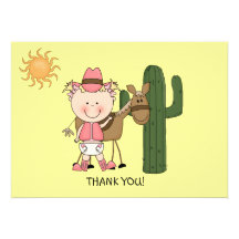 Cute Baby Girl Horse Pony Western Thank You Personalised Invites