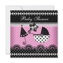 Cute Baby Shower Baby Girl Pink Black Spot Personalised Invites