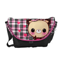 Cute bear with balloons on pink and black plaid commuter bags