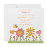 Cute bee flying flowers birthday party invitation