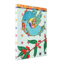 Cute bird flying and singing stretched canvas print