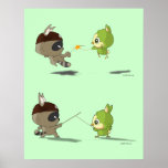 Cute bird racoon fencing cartoon character poster