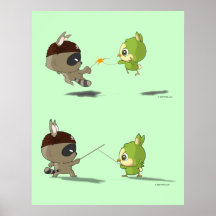 Cute bird racoon fencing cartoon character poster
