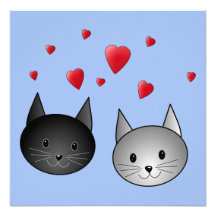 Cute Black and Grey Cats, with Hearts. Custom Invitations