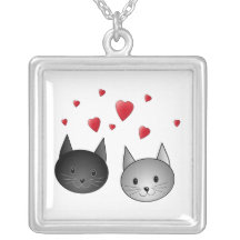 Cute Black and Grey Cats, with Hearts. Personalised Necklace