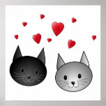 Cute Black and Grey Cats, with Hearts. Poster