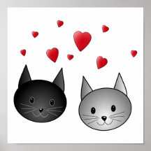 Cute Black and Grey Cats, with Hearts. Posters