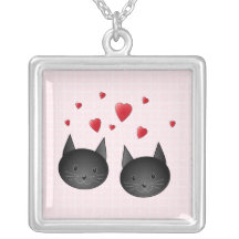 Cute Black Cats with Hearts, on pale pink. Custom Necklace