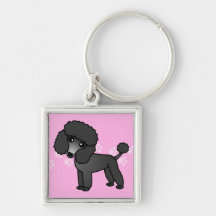 Cute Black Poodle Cartoon - Pink Pawprint Keychains