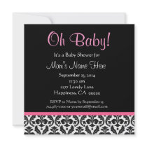 Cute Black White Feather Pink Damask Baby Shower Custom Invite