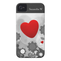 Cute Black/White/Grey Flowers w/Big Red Heart Iphone 4 Cover