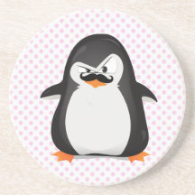 Cute Black  White Penguin And  Funny Moustache Beverage Coaster