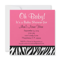 Cute Black White Pink Zebra Print Baby Shower Personalised Invitations