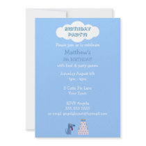 Cute Blue Cartoon Dog & Birthday Cake Invitations