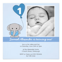 Cute Blue Elephant Photo First 1st Birthday Party Invites