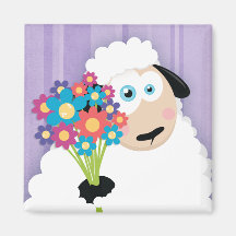 Cute Blushing Sheep Holding Flowers Magnets